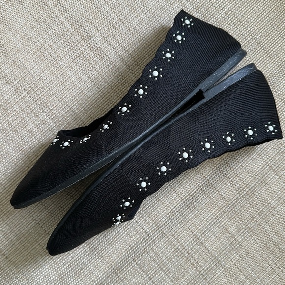 Skechers Stretch Fit Air Cooled Memory Foam Cleo Flat Black Dressy Floral Beaded - Picture 8 of 13